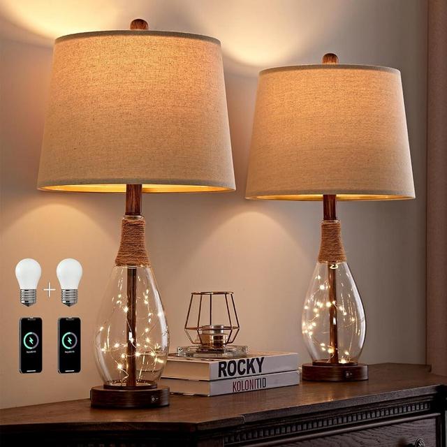 OYEARS 23" USB A+C Table Lamp Sets of 2 Modern Bedside Lamps Retro Farmhouse Rattan Glass Nightstand Nightlight Lamps for Bedroom Living Room Dorm (2 Bulbs and 2 Built-in LED String Lights Included)
