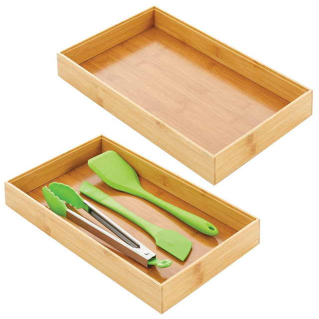 mDesign Stackable 15" Long Wooden Bamboo Drawer Organizer - 2 Pack, Natural Wood