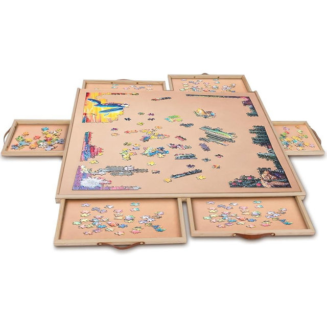 Mean Yeah 27"×35" Rotating Wooden Puzzle Table with Cover & 6 Drawers, 1500-Piece Lazy Susan Jigsaw Board for Adults, Portable Puzzle Organizer Gift