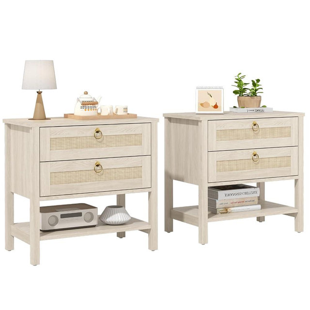 CMFYDAILY Wooden Nightstand Set of 2, Boho Side Tables with 2 Woven Rattan Drawers and Storage Shelf, Bedside Tables for Bedroom, or Home Office
