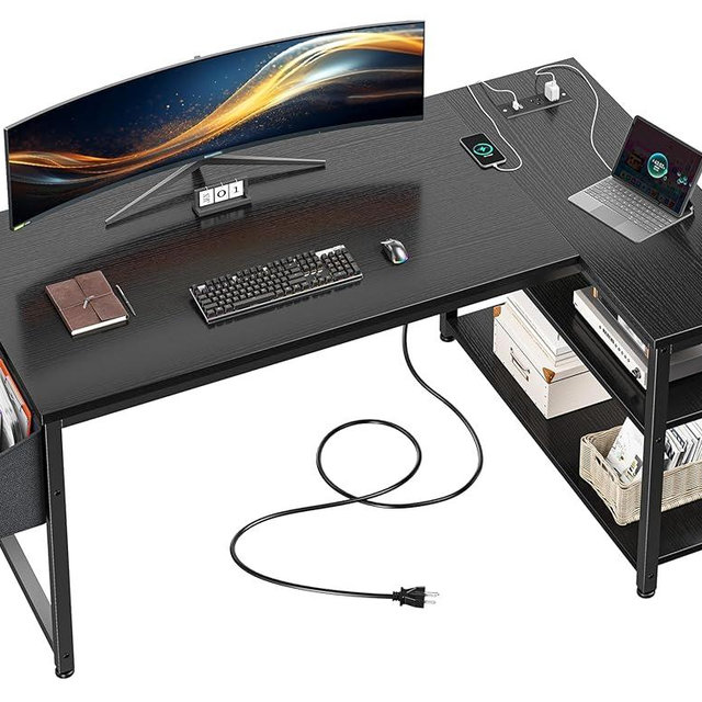 EnHomee 48" L Shaped Desk Office Desk with Power Outlets,Computer Desk with Reversible Storage Shelves & Side Bag,Small Gaming Desk for Gaming Working Small Space Home Office Bedroom,Black