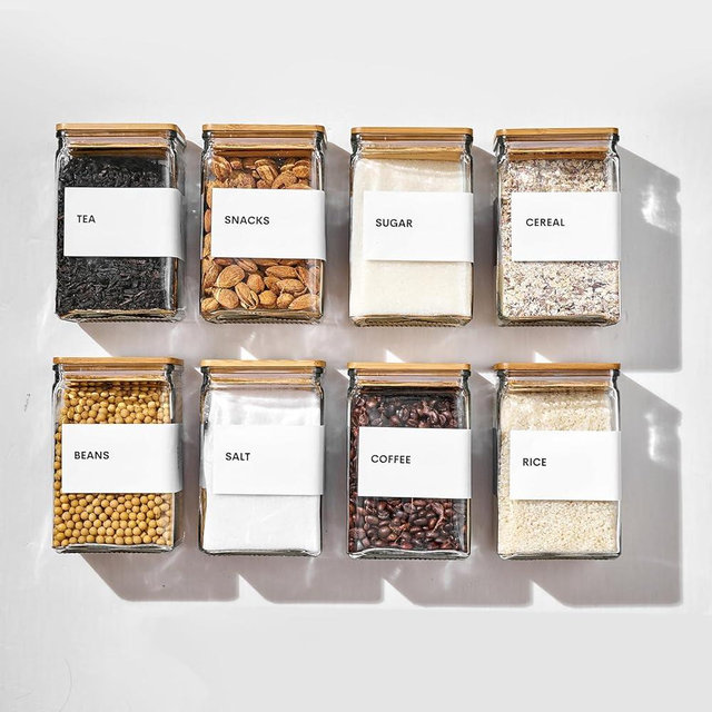 Glass Storage Jars with Bamboo Lids, 27oz Square Food Storage Containers for Kitchen Pantry Organization, Storage Canisters with Labels for Cereal Flour Beans Tea, Large Spice jars Seasoning Bottles