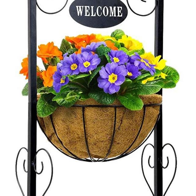 Sorbus Welcome Planter Basket Stand with Coco Liner, Stylish Flower, Plant, and Outdoor Décor for Home, Garden, Patio, Deck, Black Metal