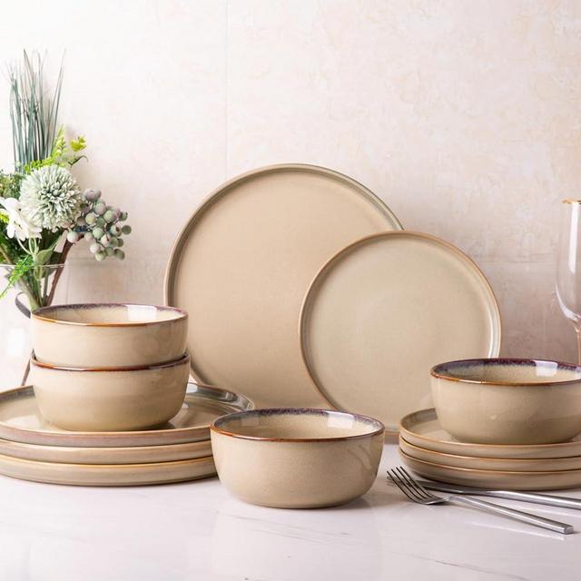 AmorArc Stoneware Dinnerware Sets,Round Reactive Glaze Plates and Bowls Set,Highly Chip and Crack Resistant | Dishwasher & Microwave Safe,Service for 4 (12pc)