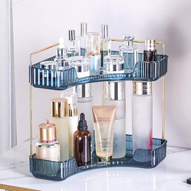 Weidace Corner Bathroom Counter Organizer Bathroom Countertop Shelf Makeup Organizer for Vanity Perfume Tray for Corner Storage (2 Tiers, Blue)