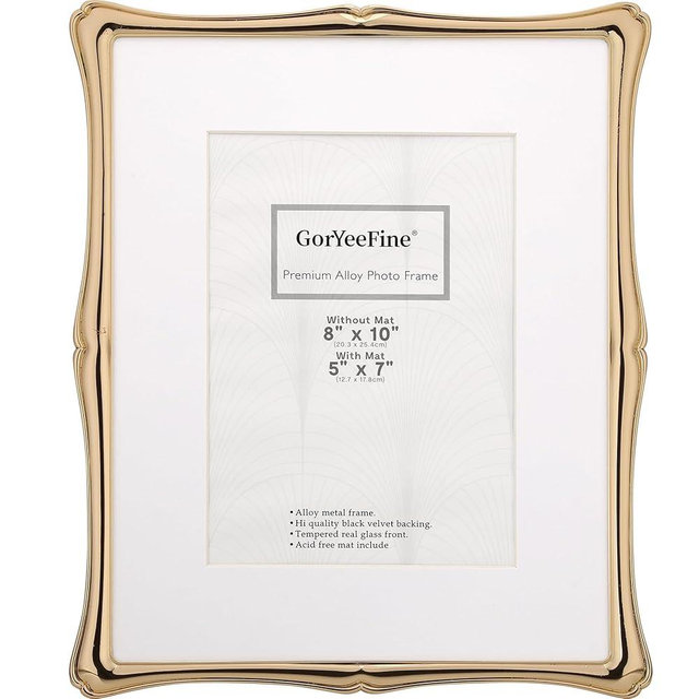 GorYeeFine 8 x 10'' Premium Alloy Gold Photo Frame with Acid Free 5x7'' Mat - High-End Décor Metal Frames 5x7'' with Black Velvet Back