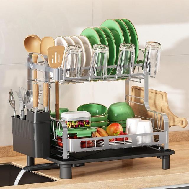 BOOSINY 2 Tier Dish Drying Rack for Kitchen Counter, Large Dish Dryer Rack for Saving Space, Stainless Steel Dish Drainers with Cutlery Holder, Cup Rack and Automatic Drainage, Grey