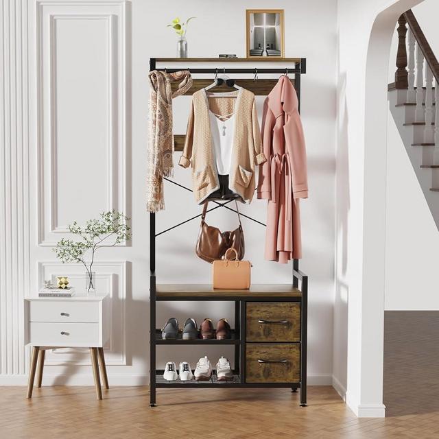 Algglobuy 5-in-1 Hall Tree, Entryway Coat Rack with Bench, 15 Hooks & 2 Drawers, Shoe and Coat Rack for Entryway, Brown