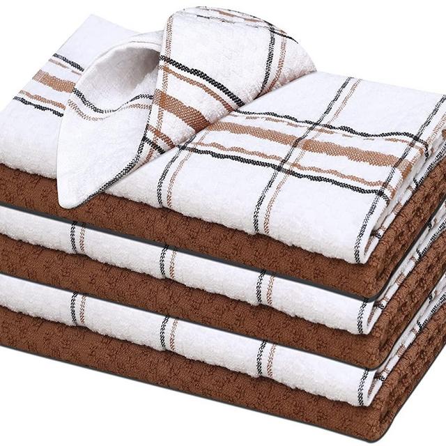 RUVANTI 6 Pcs 100% Cotton 15x25 Kitchen Towels, Dish Towels for Kitchen, Soft, Washable Dish Cloths, Super Absorbent Terry Tea Towel Linen Dishcloth for Quick Drying, Cleaning, Dish Rags, Brown-White