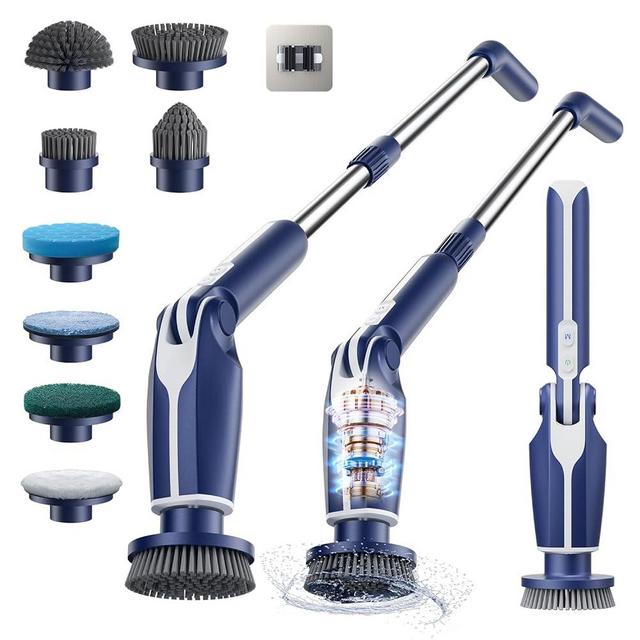 Vaxeple Electric Spin Scrubber, 2024 New Electric Scrubber for Cleaning, Shower Scrubber with Long Handle & 8 Replacement Heads, Remote Controlled Shower Cleaner Brush for Bathroom Tub Tile, Blue