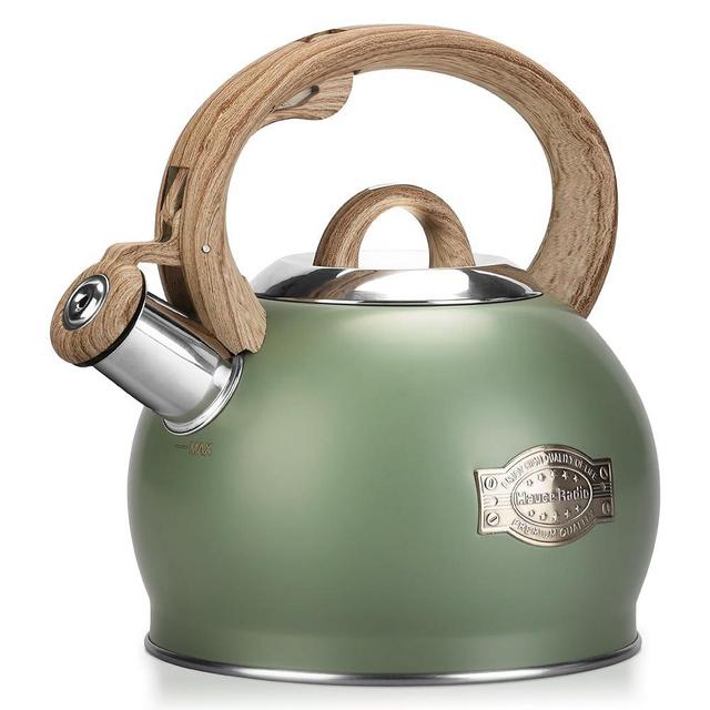 Hauce Radio Tea Kettle, 2.1 Quart Stove Top Whistling Tea Kettle, Teapot with Food Grade Stainless Steel and Wood Pattern Folding Handle, Suitable for All Heat Sources,(Green)