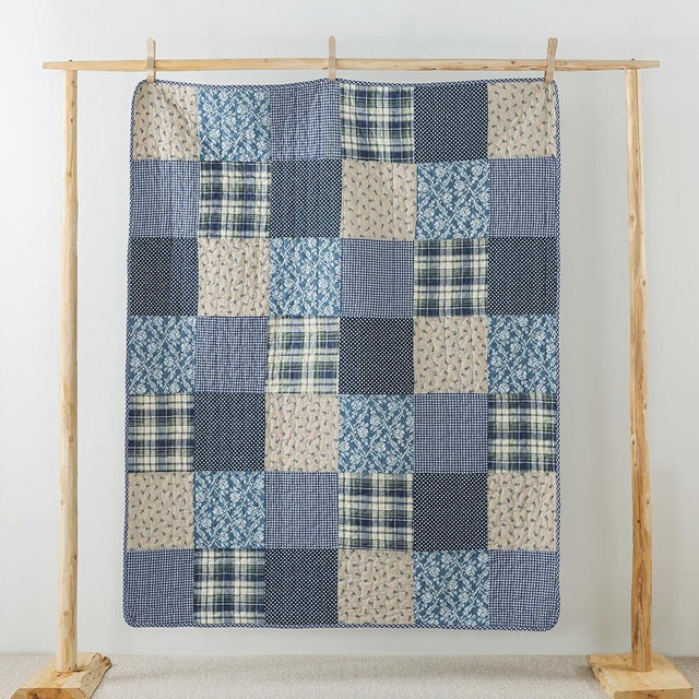 SLPR Blue Symphony 50" x 60" Cotton Quilted Throw Blanket, Country Farmhouse Checkered Patchwork Throw Quilt for Couch, Lightweight Pieced Lap Quilt with Check and Plaid Pattern