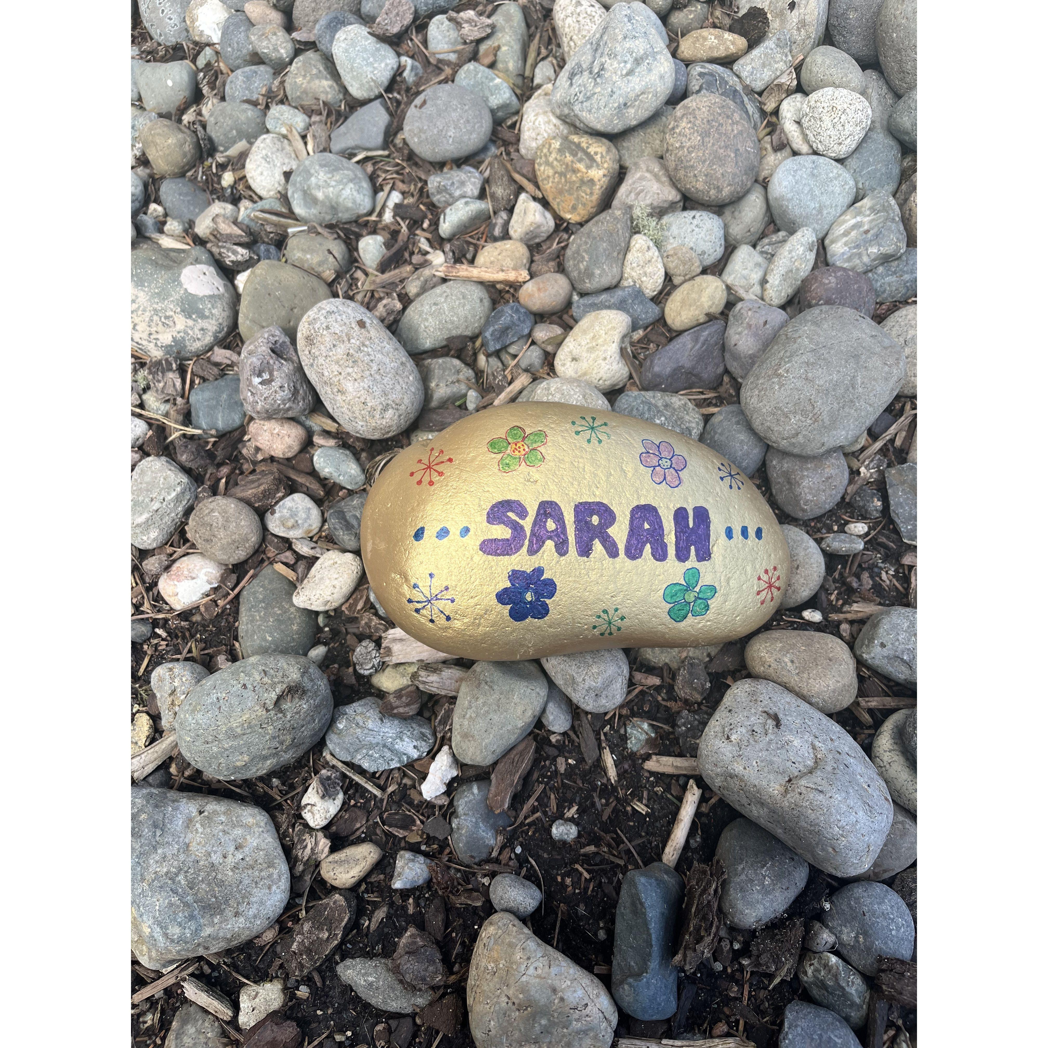 The beautiful proposal rock, from Justin's parent's yard and lovingly painted by his mom.