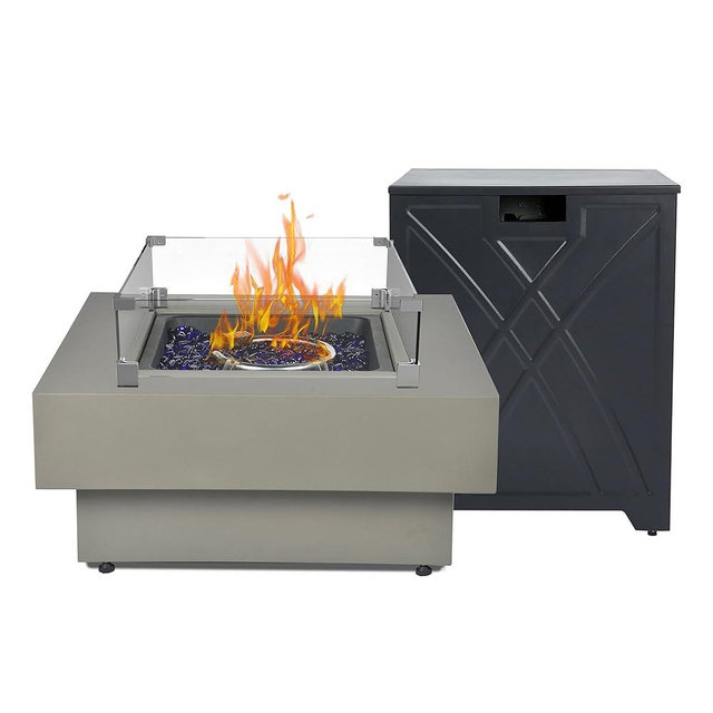 32.5-inch Outdoor Gas Fire Pit with 20lb Propane Tank Cover Table & Wind Glass Shield, 50,000BTU Propane Gas Fire Pits for Outside Patio w/Square Burner Lid, Glass Rocks