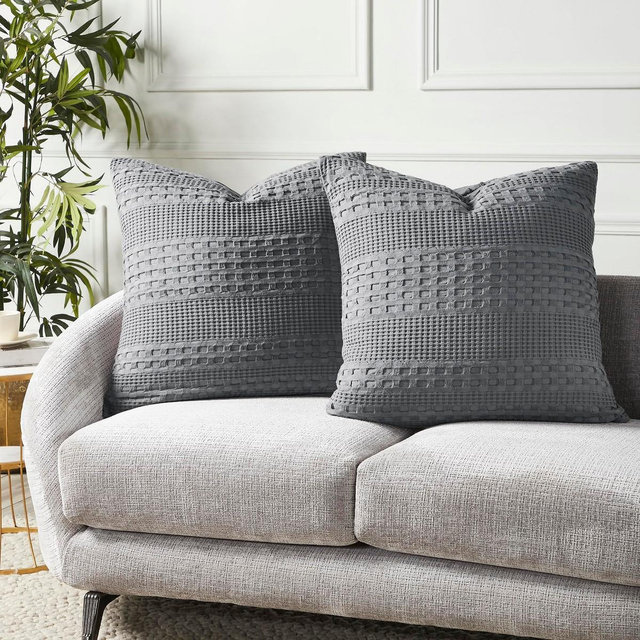 Dark Gray Waffle Weave Cotton Euro Sham Set - 26x26 - Set of 2 Large Square Farmhouse Boho Pillow Covers