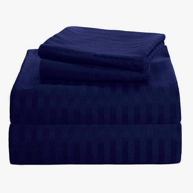 6 Piece Sheet Set (Sheet Set + Bonus Pillow Case) - 600 Thread Count Egyptian Cotton 6-PCs Sheet Set Fit 15-21 Inch Deep Pocket King, Navy Blue Stripe Color
