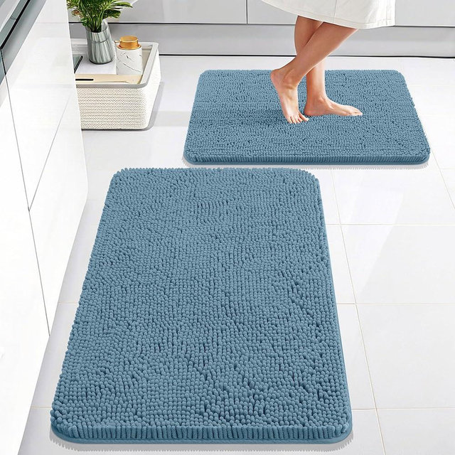 OLANLY Bathroom Rugs Sets 2 Piece, Soft Absorbent Chenille Bath Mats Area Rug Set, Non-Slip, Quick Dry, Machine Washable Bath Mats for Bathroom, Home Decor Accessories (30"x20"+24"x16", Airy Blue)