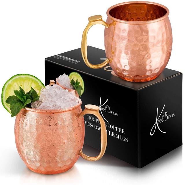 Avran Ltd - KoolBrew Moscow Mule Copper Mugs Gift Set of 2 Copper Mule Mugs,100% Pure Solid Copper Cups with Brass Handles and Hammered Finish