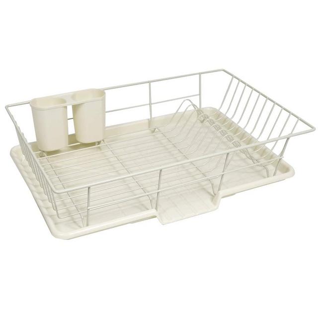 Sweet Home Collection Space-Saving 3-Piece Dish Drainer Rack Set: Efficient Kitchen Organizer for Quick Drying and Storage - Includes Cutlery Holder and Drainboard - Maximize Countertop Space, Ivory