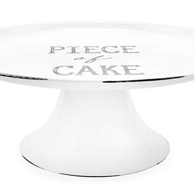 AuldHome Rustic White Cake Stand, Farmhouse Enamelware Round Pedestal Cake Stand, Distressed Vintage Style