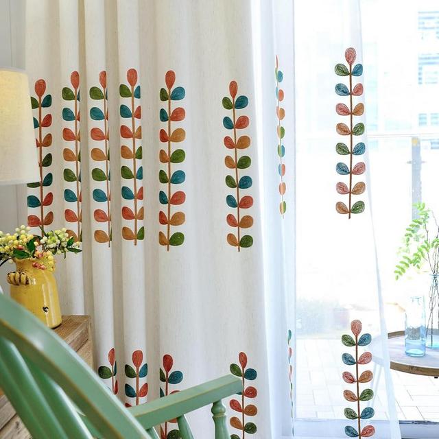 VOGOL Leaves Embroidered Curtains 63 Inches Long, White Light Filtering Decorative Drapes for Dining Room, Country Style Curtain Panels for Farmhouse, 52 x 63 Inches