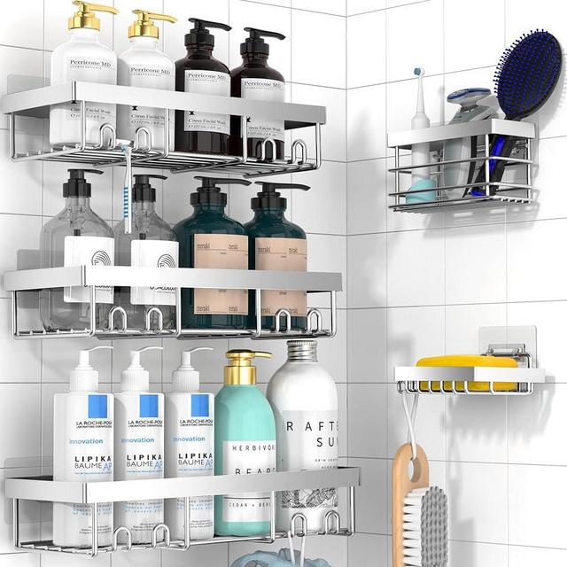 Moforoco Silver 5 Pack Shower Caddy Shelf Organizers Rack, Self Adhesive Black Bathroom Storage Organization, Home Kitchen No Drilling Inside Decor Rv Accessories, First Apartment Essentials
