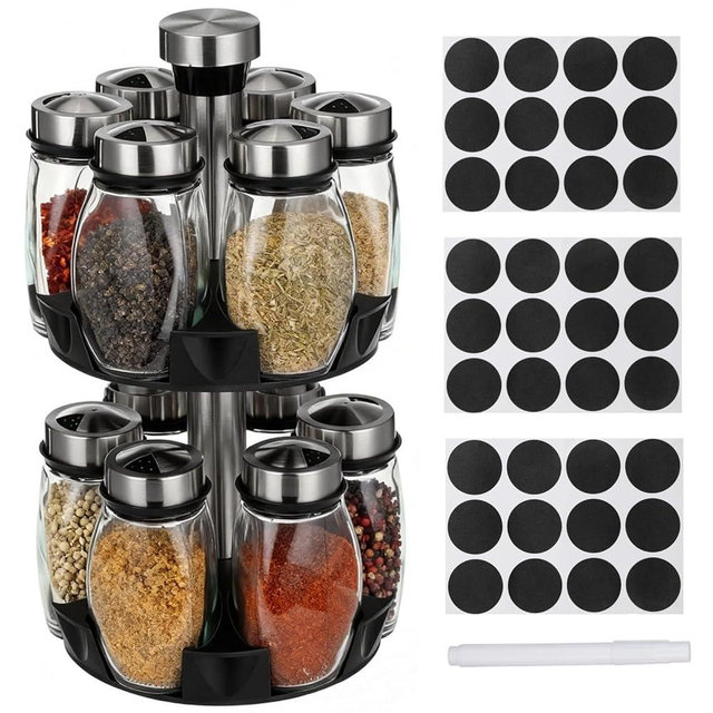 NIMBLOOM Double Layer Revolving Spice Rack Organizer, 12-Piece Empty Glass Jar Set with Marker Pen & Labels, Space-Saving Seasoning Storage Stand for Kitchen Countertop, BBQ, or Restaurant Storage