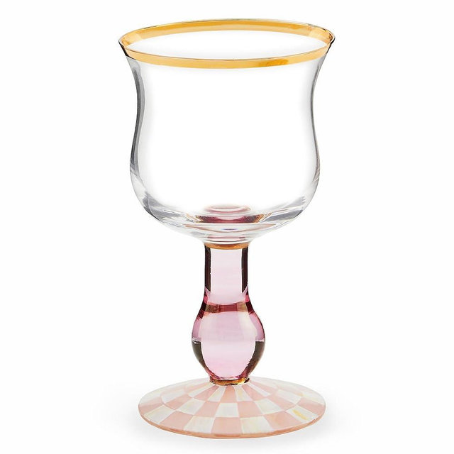 MACKENZIE-CHILDS Stemmed Wine Glass, Decorative Wine Glassware, 16 Ounces, Pink-and-White Rosy Check