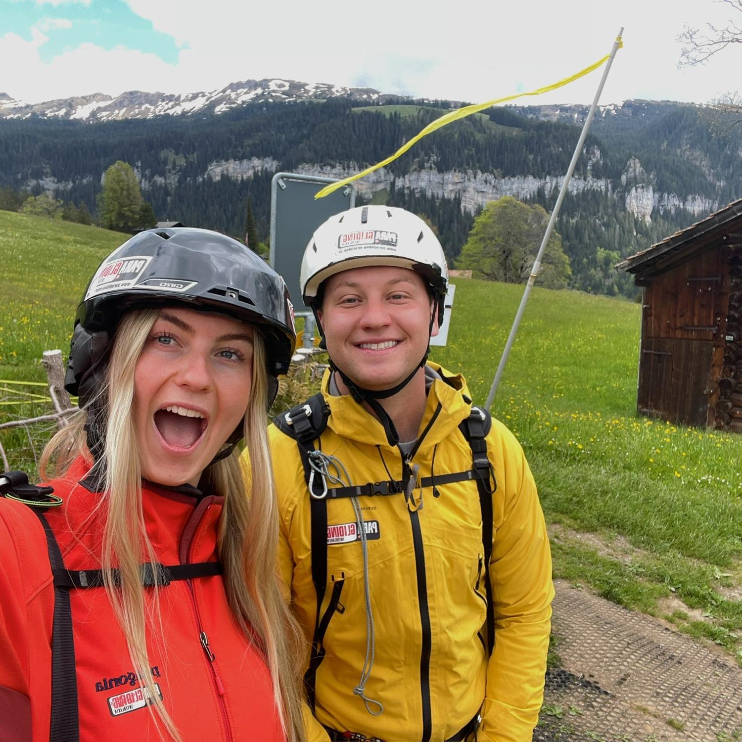 This is our very first picture together! At the top of the mountain in Switzerland about to paraglide:)