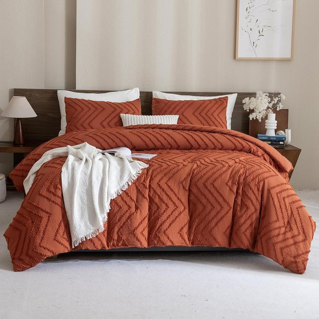 Andency Burnt Orange Comforter King Size, 3 Pieces Terracotta Boho Fall Chevron Bedding Comforter Set (1 Tufted Comforter & 2 Pillowcases), Lightweight Rust Microfiber Bedding Set for All Seaon