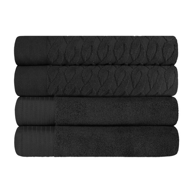 Premium Cotton Solid, Herringbone Jacquard Medium Weight 4-Piece, Bath Towels Set, Black - Blue Nile Mills
