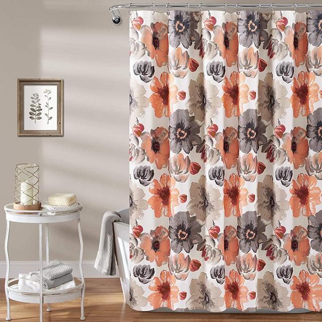 Lush Decor, Coral/Gray Leah Shower Curtain-Bathroom Flower Floral Large Blooms Fabric Print Design, x 72