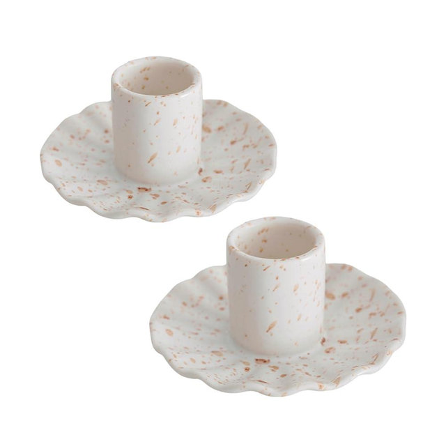 VIRFONOR Ceramic Taper Candle Holders for Table Centerpiece, Decorative Candlestick Holders for Home Wedding Party, Housewarming Gifts, Pack of 2, Round Shape, White with Brown Splatter Ink Design