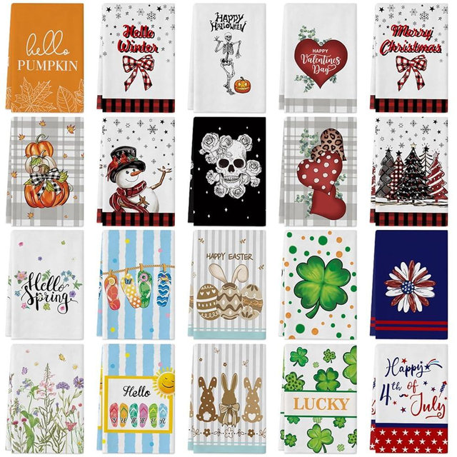 Voajocc 20 Pcs Seasonal Kitchen Towels and Dishcloths Sets, 18x26 Inch Seasonal Dish Towels Decorative Set for All Seasons Christmas Halloween Winter Decorative Kitchen Hand Towels