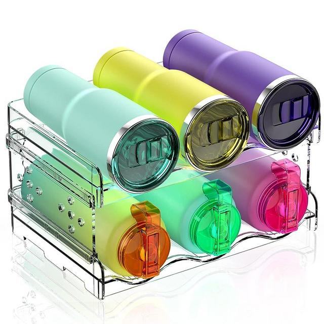 Areforic Water Bottle Organizer - 2 Pack Stackable Cup Organizer for Cabinet, Countertop, Pantry and Fridge, Free-Standing Tumbler Kitchen Storage Holder for Wine and Drink Bottles, Clear Plastic