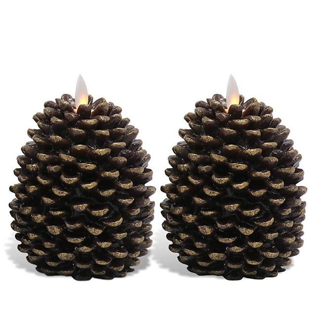 Eldnacele LED Pine Cone Candles Moving Wick, Battery Operated Flameless Candles with Timer Unscented Wax Pinecone Candles Brown 2 Pack for Christmas Home Party Decoration