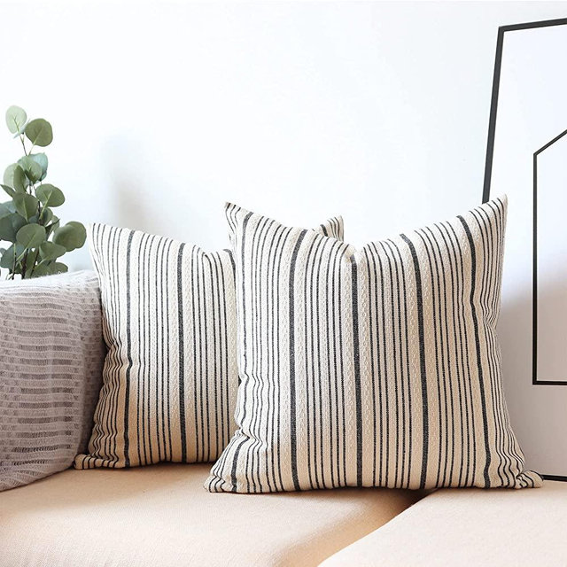 NAVIBULE Black Pillow Covers Decorative Farmhouse Linen Throw Pillow Covers Striped Square Throw Pillows for Couch Sofa Bed Pack of 2 18x18 in Black and Cream