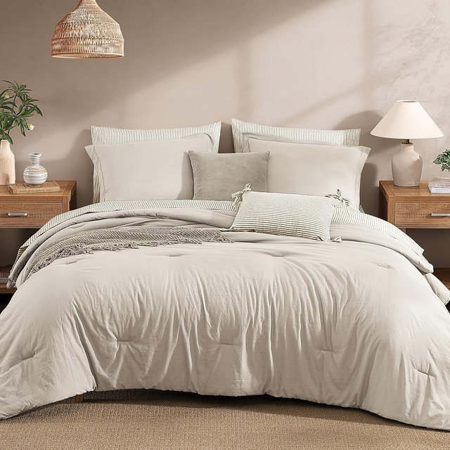 Monbix Queen Comforter Set - 7 Pieces Beige Prewashed Bed in a Bag Queen Bedding Sets with Comforters, All Seasons Ultra Soft Comforter Bed Set with Sheets,Pillowcases & Shams