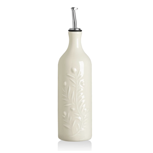 Sweejar Large Olive Oil Dispenser Bottle with Spout, 24 Oz Ceramic Oil Dispenser for Kitchen, Relief Opaque Oil Cruet, Oil Container for Cooking, EVOO, Avocado Oil, Vinegar, Pack of 1 (Beige)