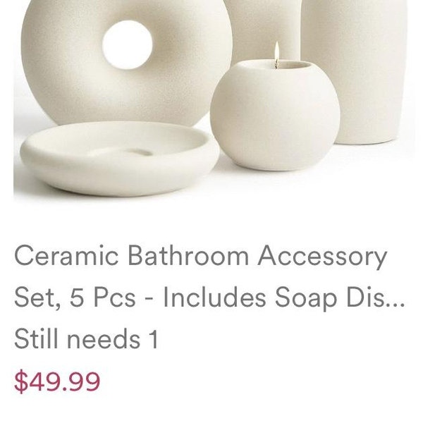 Ceramic Bathroom Accessory Set, 5 Pcs - Includes Soap Dispenser, Toothbrush Cup, Toothbrush Holder, Soap Dish & Candle Holder - Beige, Matte Glaze - Aesthetic Bathroom Decor