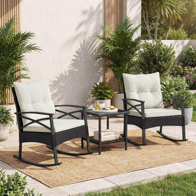 Costway 3-Piece Rattan Rocking Bistro Set with Tempered Glass Tabletop & Cushions for Porch Black + Off-White