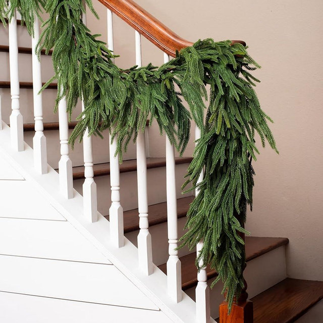 Extra Full 9 ft Real Touch Norfolk Pine Garland Realistic 9ft, Christmas Garland for Mantle, Soft and Bendable Real Touch Garland Christmas Greenery, Evergreen Christmas Garlands for Fireplace, Stairs