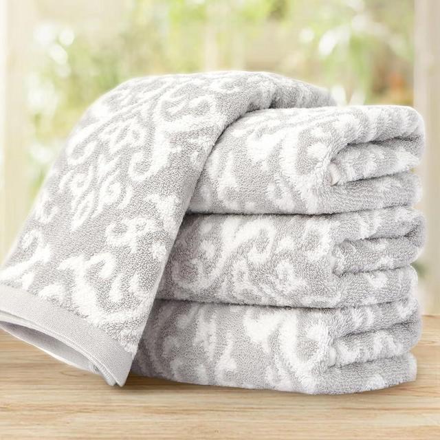 VOOVA & MOVAS Decorative Hand Towels for Bathroom Set of 4, 14" x 32", 100% Cotton | Quick Dry | Soft | 500 GSM, Perfect for Bath, Gym, Sports, Towels Gift Set - Jacquard，Damask Grey/White