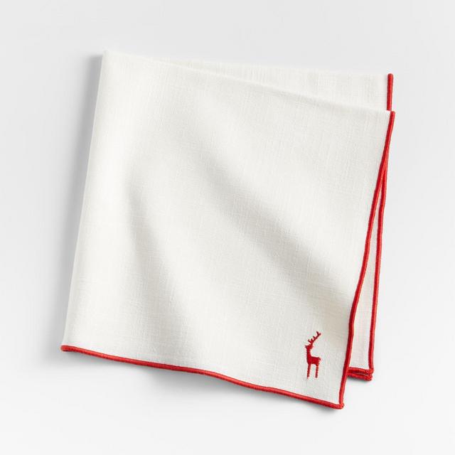 Embroidered Reindeer White Organic Cotton Christmas Napkin