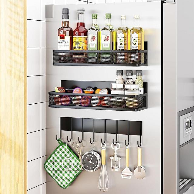 Aufworld Magnetic Spice Rack for Refrigerator, 3 Pack Magnetic Shelf, Moveable Magnetic Fridge Organizer with 8-Hook Rack, Seasoning Organizer for Kitchen Organization and Storage
