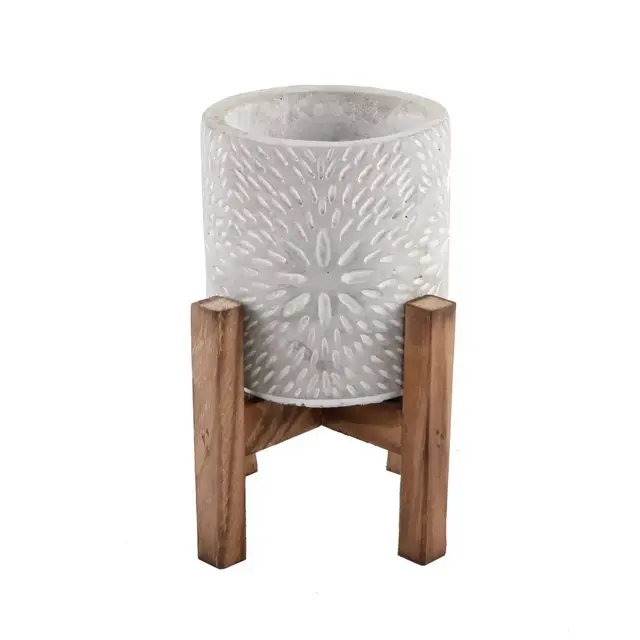 Flora Bunda Sunburst Cement Planter with Wood Stand in Grey