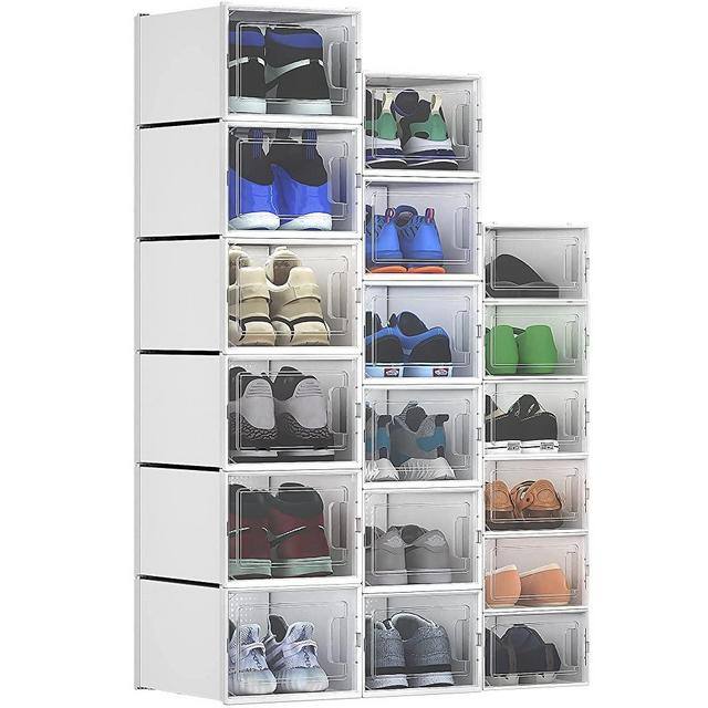 YITAHOME Shoe Box, Set of 18 PCS,6 Small Size 6 Medium Size and 6 X-Large Size Shoe Storage Organizers Stackable Shoe Storage Box Rack Clear Drawer-White