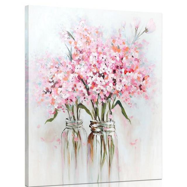 YPY Pink Flowers Canvas Wall Art: Abstract Bouquet in Vase Artwork Prints for Teen Girl Bedroom Pink Floral Picture Poster Bathroom Decor 12" x 15"