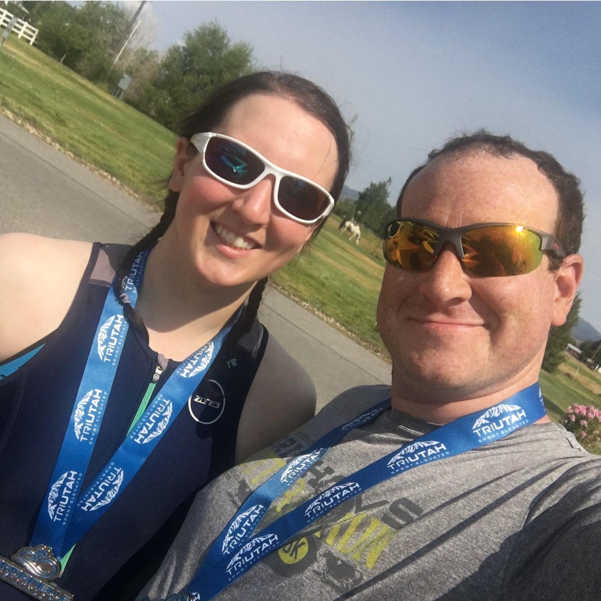 Thanks to Brandon practicing swimming with Stephanie, we have completed a few sprint Triathlons.