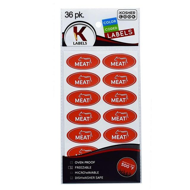 36 Meat Red Kosher Labels – Oven Proof up to 500°, Freezable, Microwavable, Dishwasher Safe, English – Color Coded Kitchen Stickers by The Kosher Cook